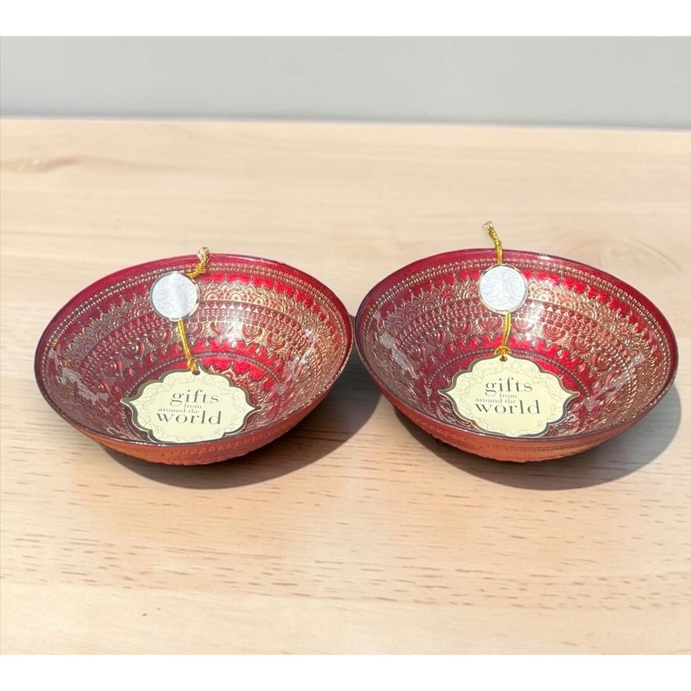 Gifts From Around the World Turkish Glass Bowls Red Gold 6.5" Set Of 2 NWT